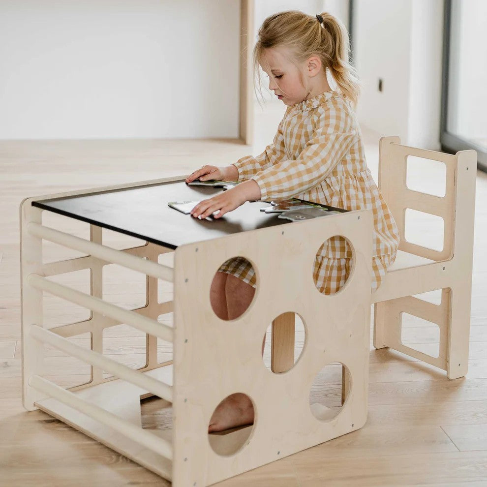 Montessori Set 2 in 1 GINGER HOME, Children's Table with Chair and Climbing Cube, Active Play Table, Natural Wood, 57x50x55 cm