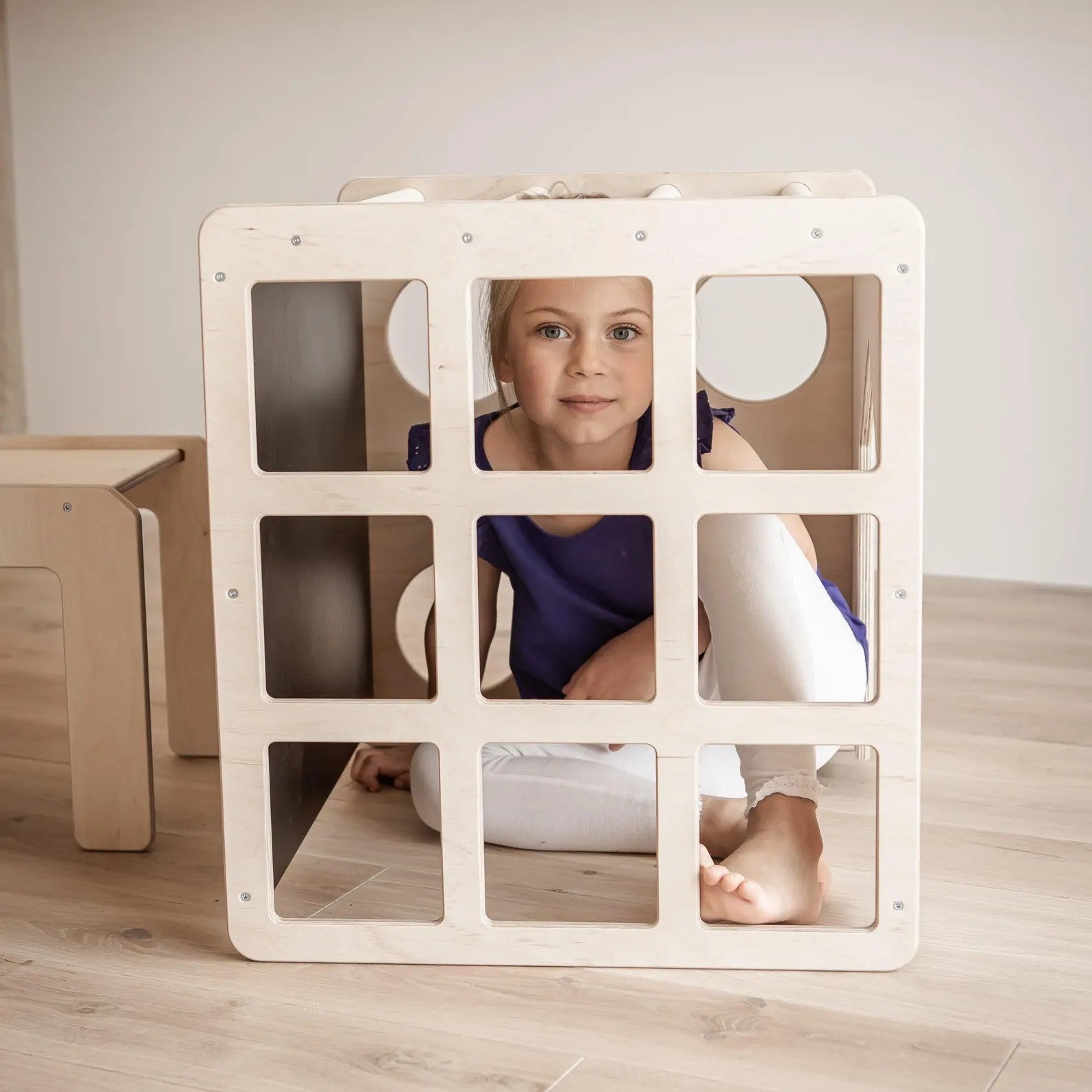 Montessori Set 2 in 1 GINGER HOME, Children's Table with Chair and Climbing Cube, Active Play Table, Natural Wood, 57x50x55 cm