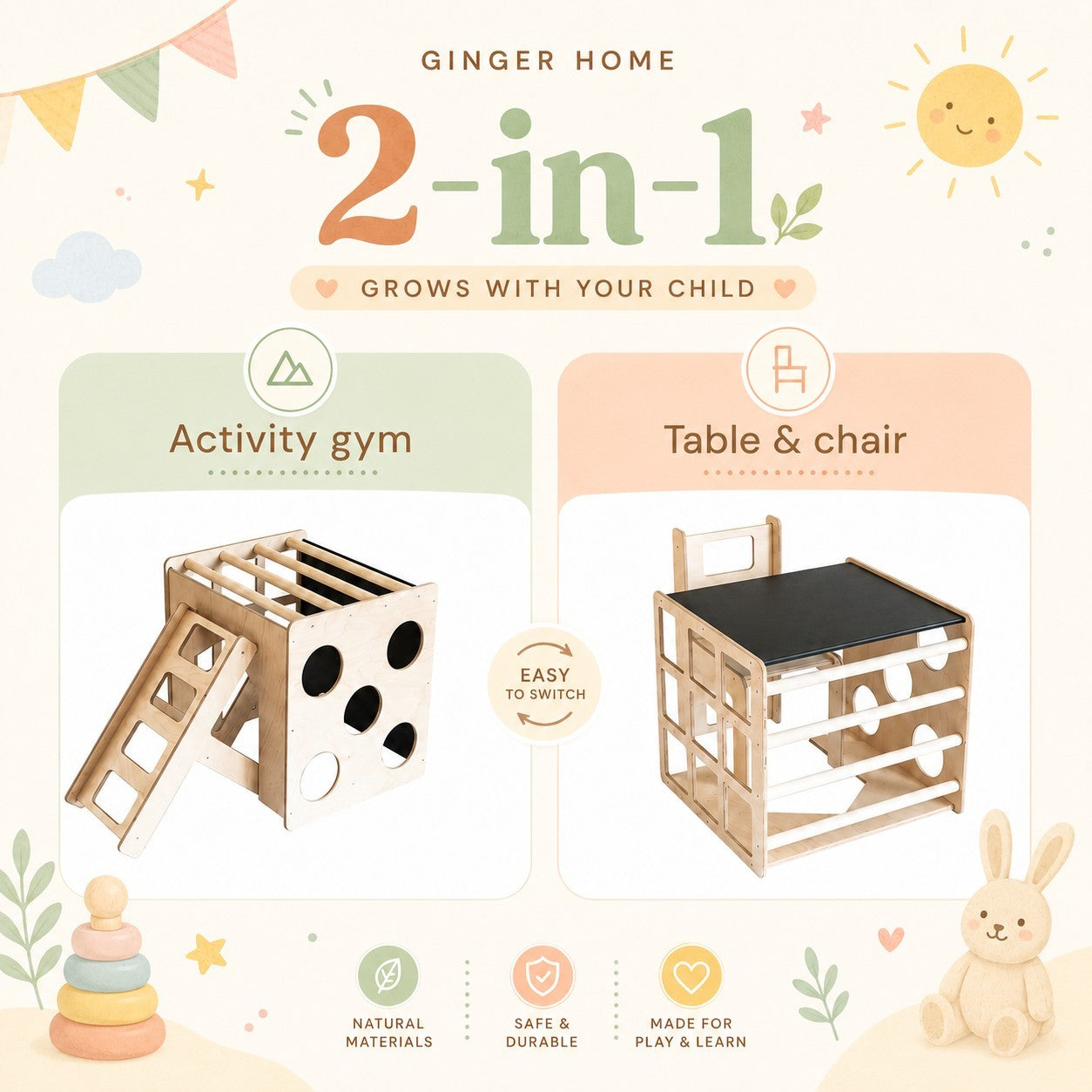 Montessori Set 2 in 1 GINGER HOME, Children's Table with Chair and Climbing Cube, Active Play Table, Natural Wood, 57x50x55 cm