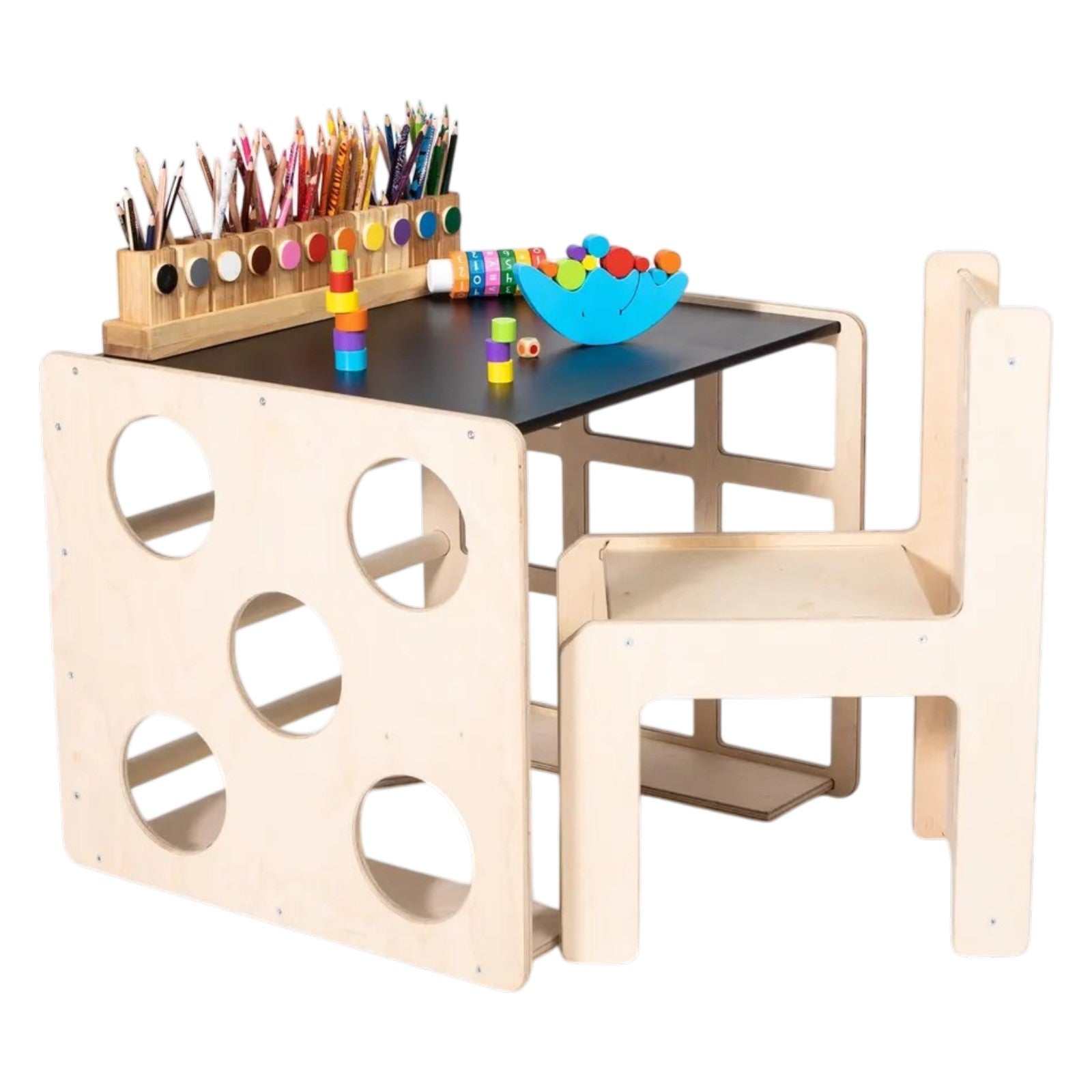 Montessori Set 2 in 1 GINGER HOME, Children's Table with Chair and Climbing Cube, Active Play Table, Natural Wood, 57x50x55 cm