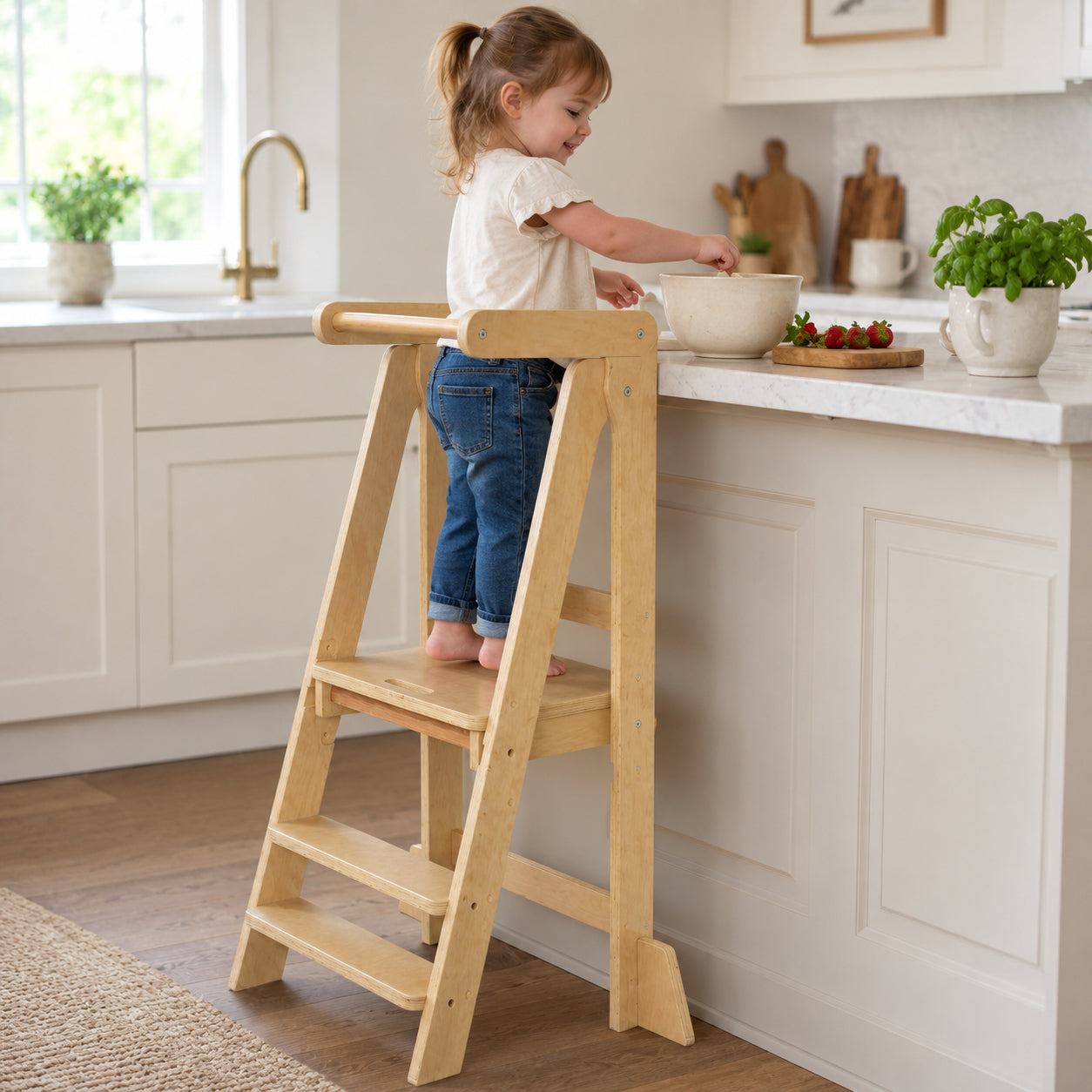 Монтесори Кула за Деца GINGER HOME, Сгъваемо Помощно Столче за Кухня, Learning Tower, Безопасна Детска Стълба, Масивно Натурално Дърво, 51x47x91.5 см