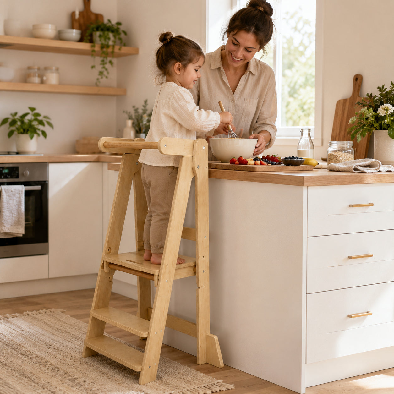 Монтесори Кула за Деца GINGER HOME, Сгъваемо Помощно Столче за Кухня, Learning Tower, Безопасна Детска Стълба, Масивно Натурално Дърво, 51x47x91.5 см