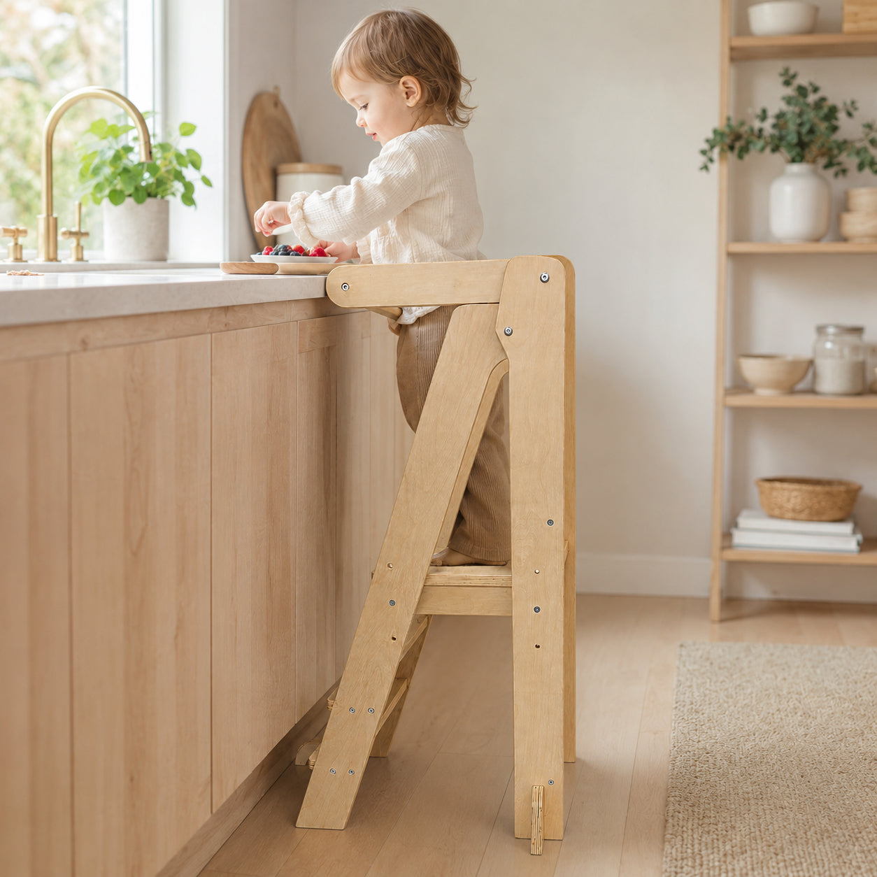 Монтесори Кула за Деца GINGER HOME, Сгъваемо Помощно Столче за Кухня, Learning Tower, Безопасна Детска Стълба, Масивно Натурално Дърво, 51x47x91.5 см
