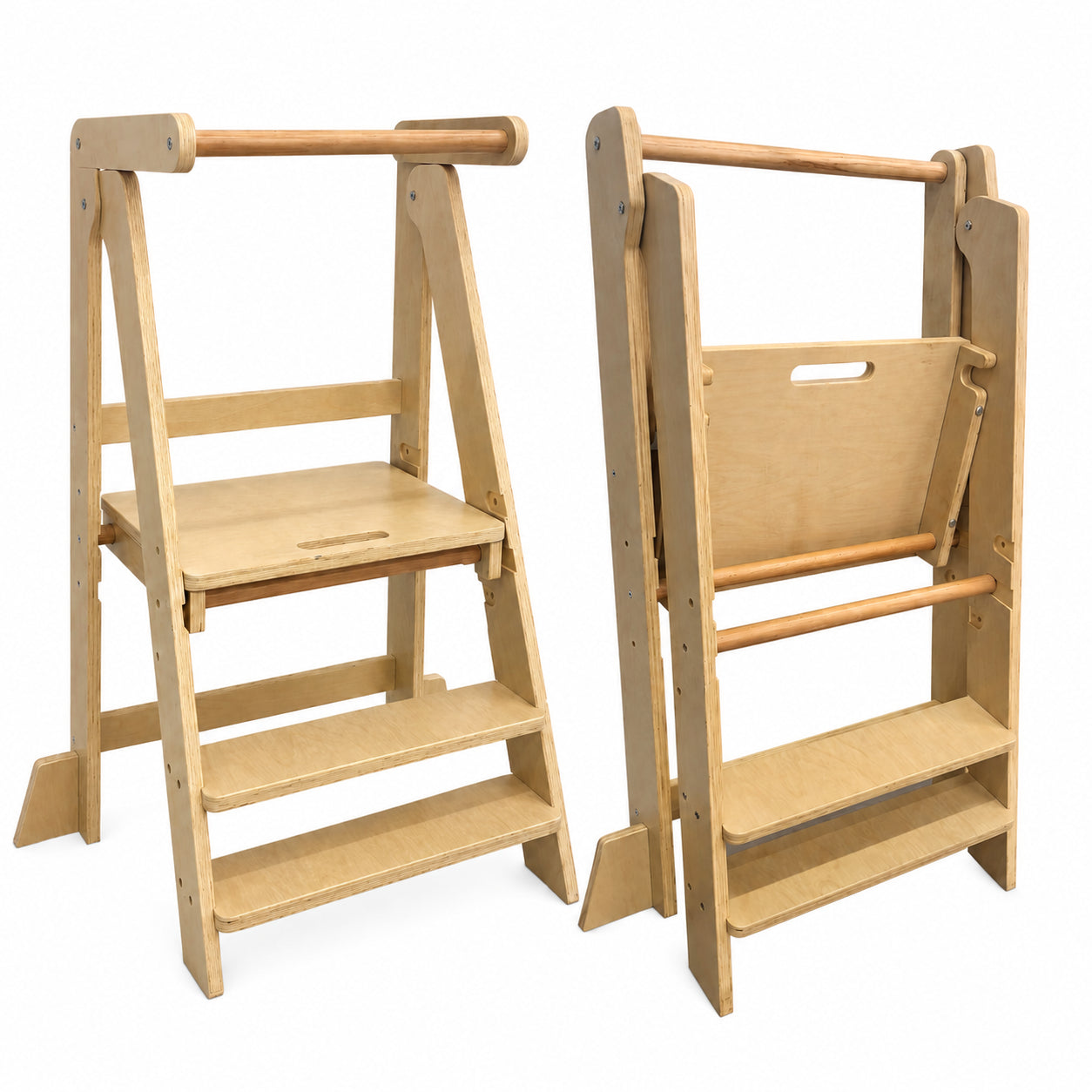 Монтесори Кула за Деца GINGER HOME, Сгъваемо Помощно Столче за Кухня, Learning Tower, Безопасна Детска Стълба, Масивно Натурално Дърво, 51x47x91.5 см