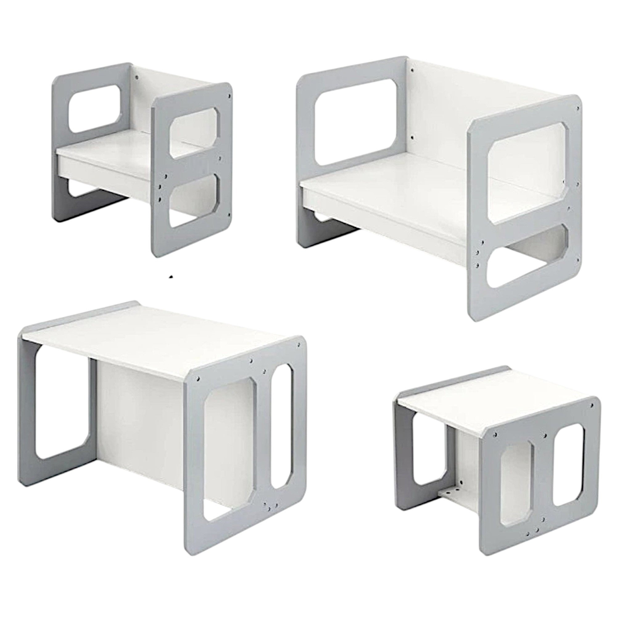 Montessori Children's Set 3 in 1 GINGER HOME, Table, Chair and Bench in White and Gray