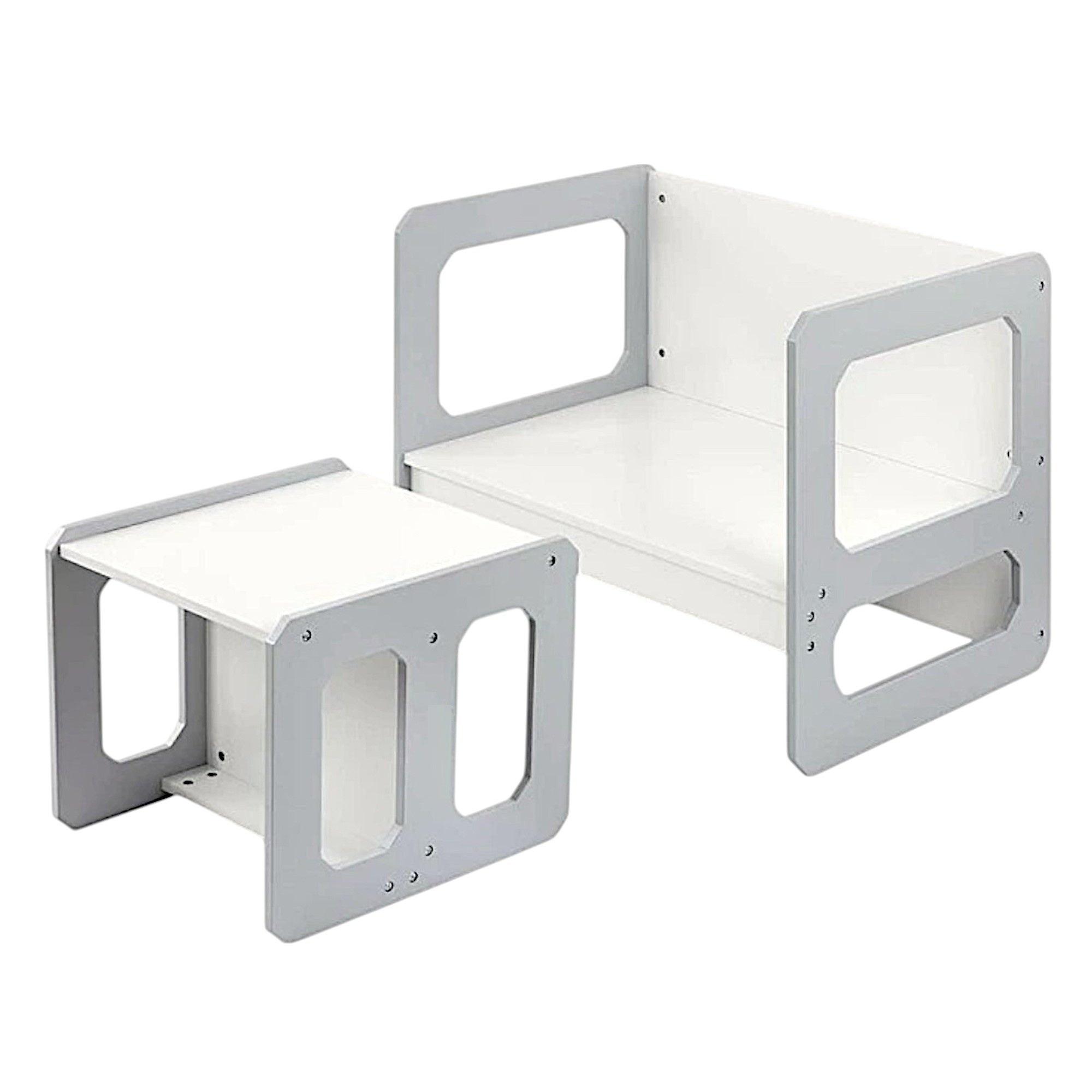 Montessori Children's Set 3 in 1 GINGER HOME, Table, Chair and Bench in White and Gray