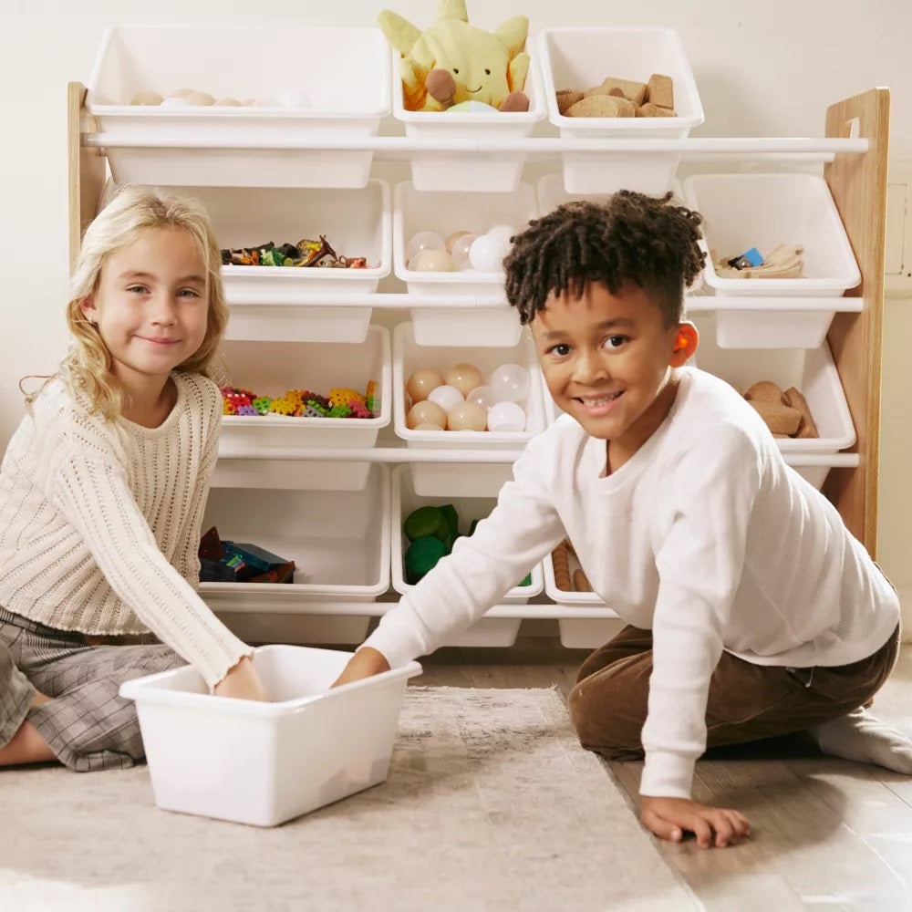 Детски Дървен Органайзер, Голям - за Съхранение на Играчки и Книжки, Етажерка за Детска Стая - WOOD/WHITE