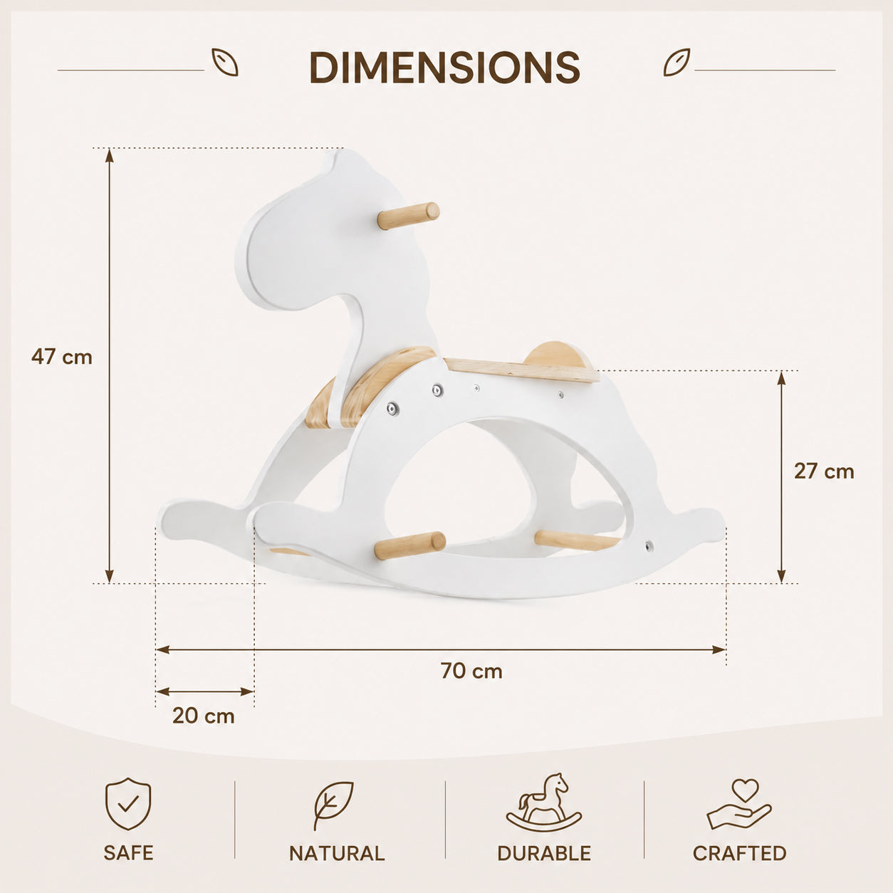 Children's Wooden Rocking Horse GINGER HOME, White, Solid Wood, 70x20x47 cm, Montessori Toy