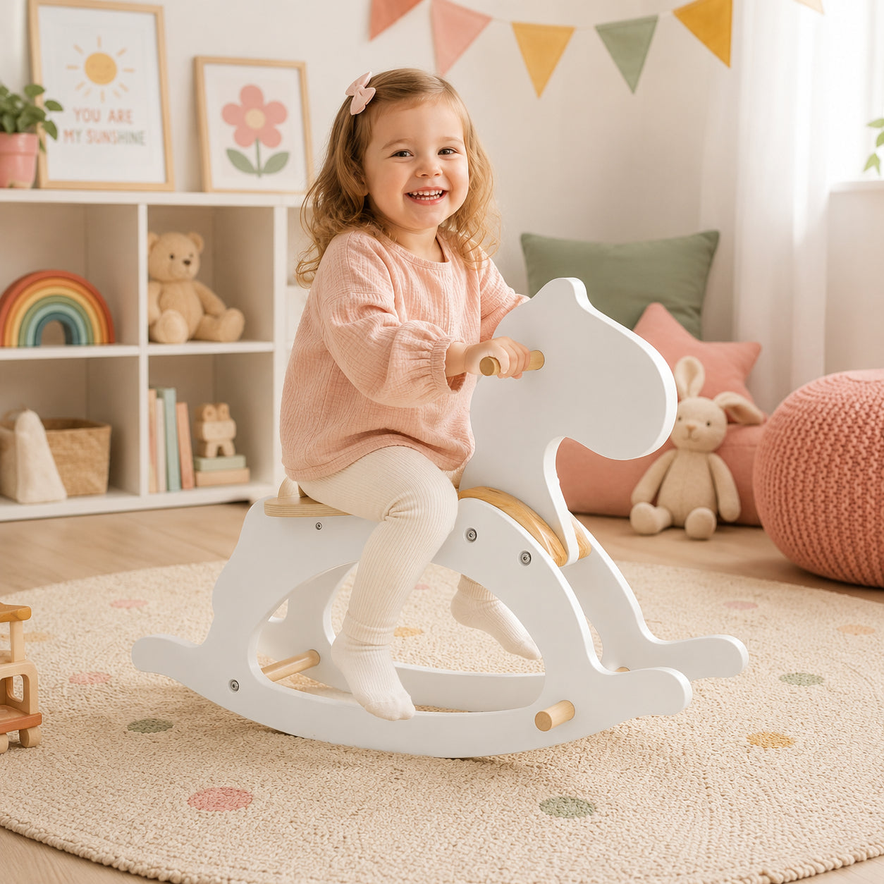 Children's Wooden Rocking Horse GINGER HOME, White, Solid Wood, 70x20x47 cm, Montessori Toy