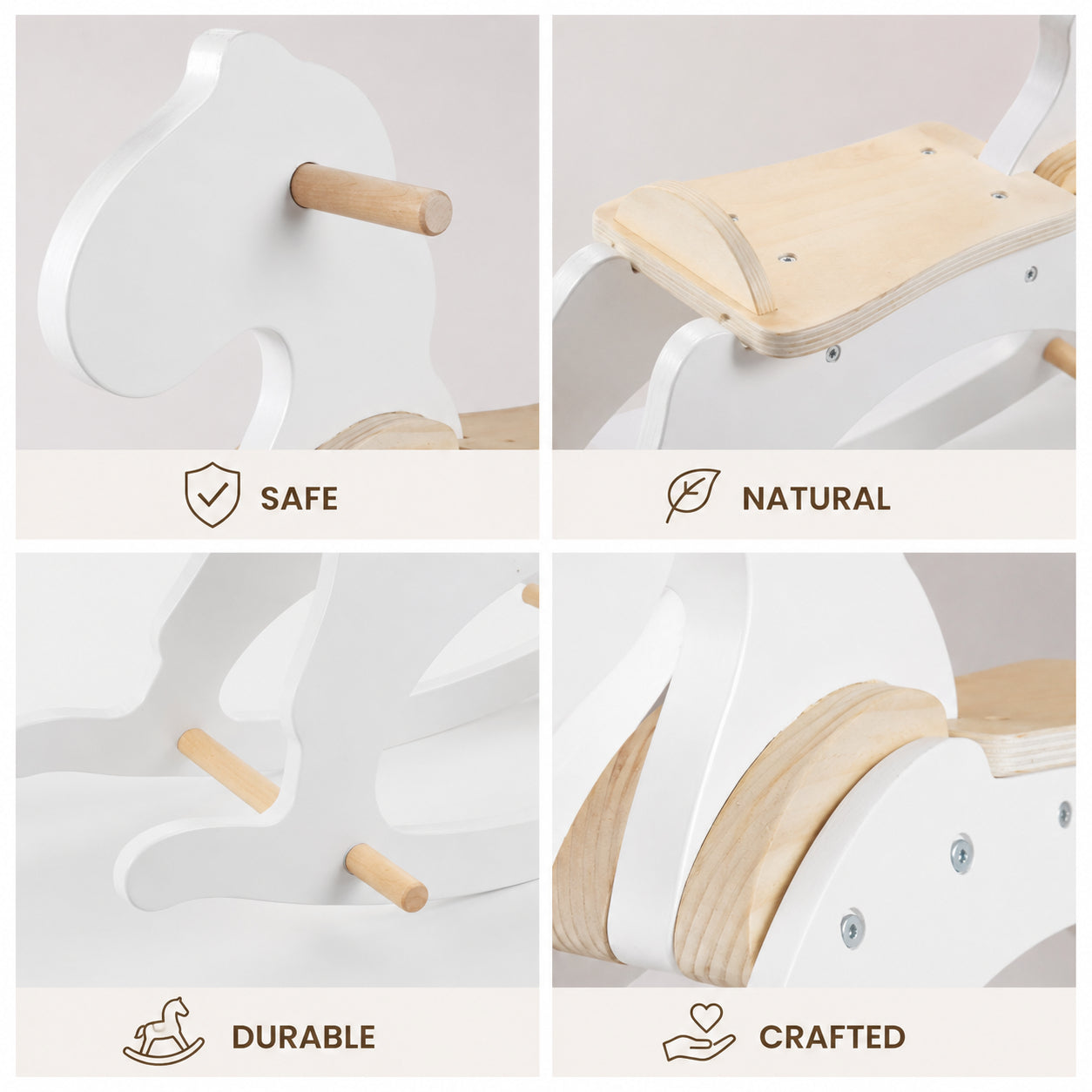 Children's Wooden Rocking Horse GINGER HOME, White, Solid Wood, 70x20x47 cm, Montessori Toy
