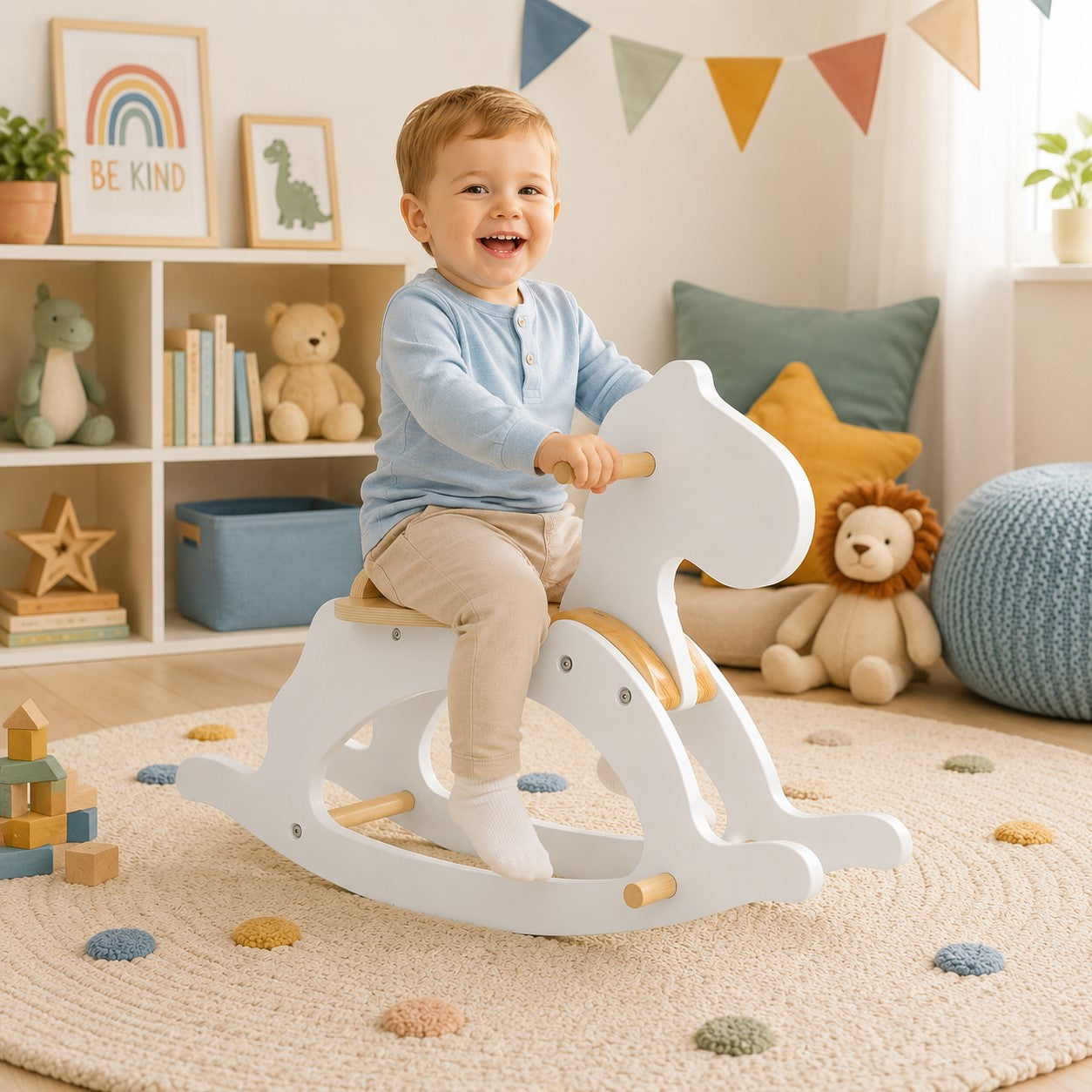 Children's Wooden Rocking Horse GINGER HOME, White, Solid Wood, 70x20x47 cm, Montessori Toy