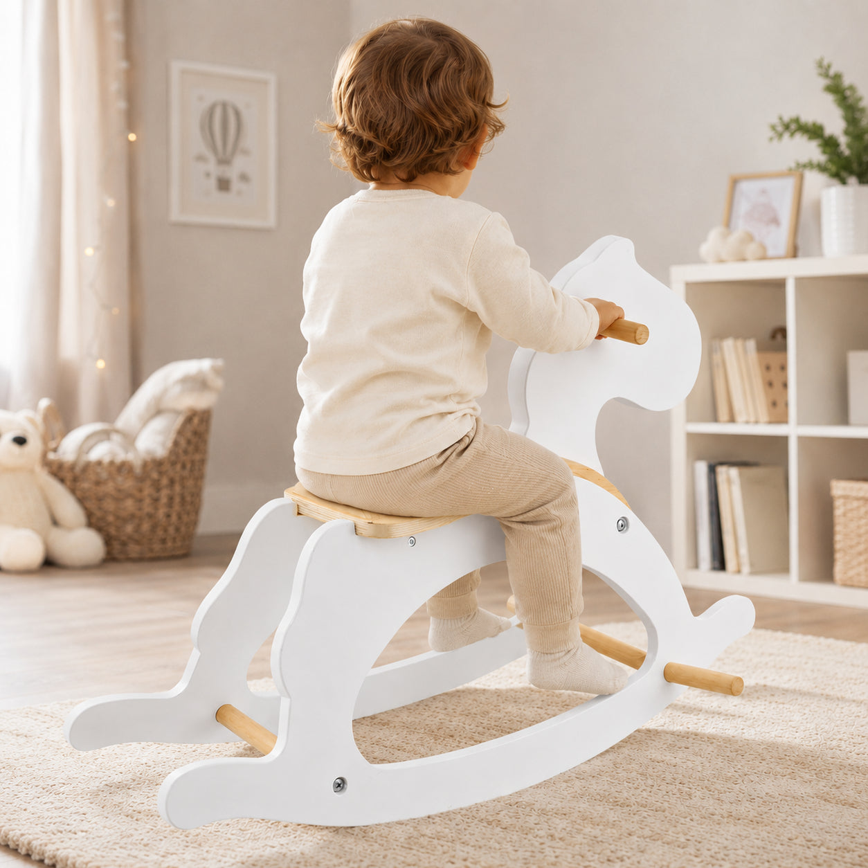 Children's Wooden Rocking Horse GINGER HOME, White, Solid Wood, 70x20x47 cm, Montessori Toy