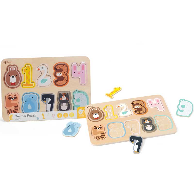 Classic World wooden puzzle with numbers and animals for early learning, 11 pieces