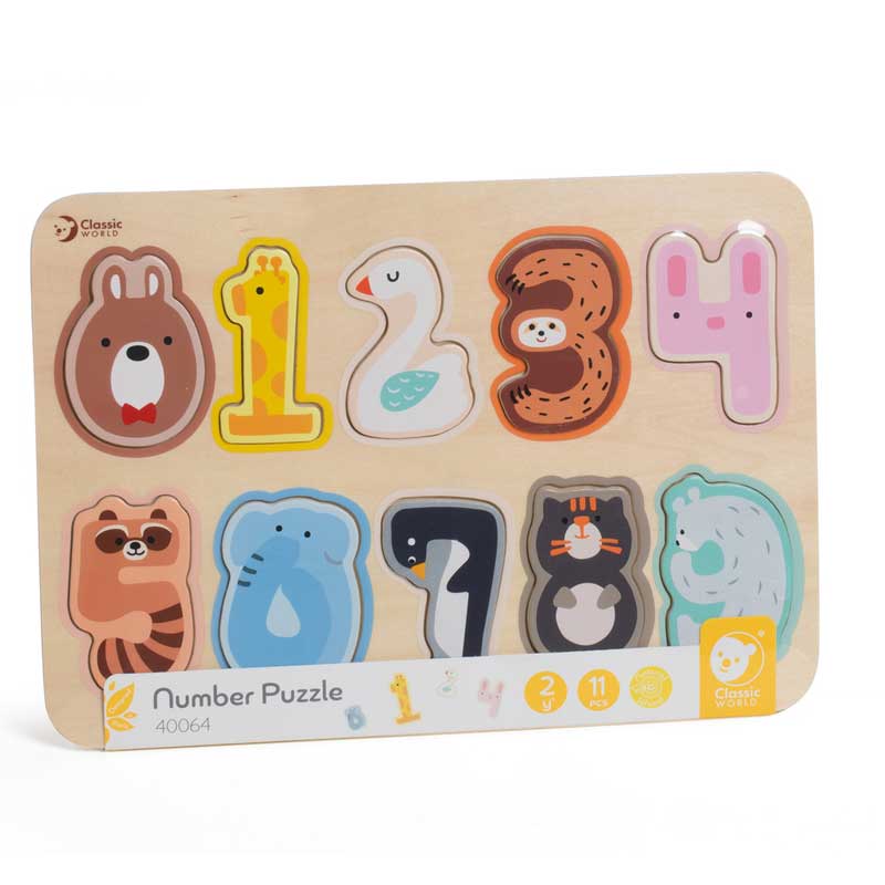 Classic World wooden puzzle with numbers and animals for early learning, 11 pieces
