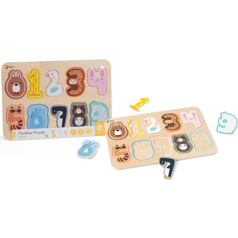 Classic World wooden puzzle with numbers and animals for early learning, 11 pieces