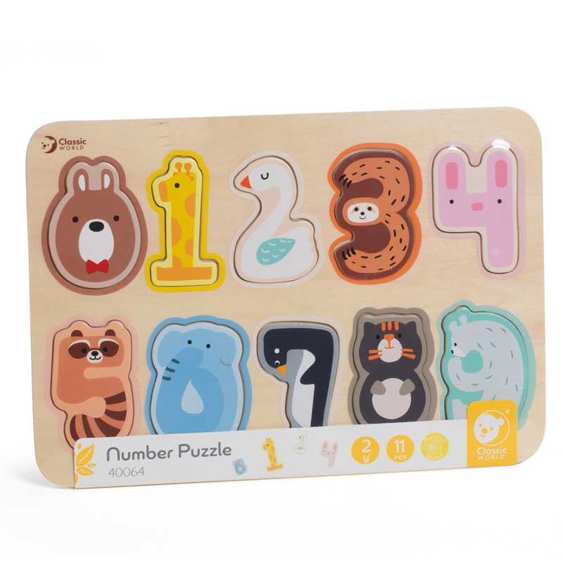 Classic World wooden puzzle with numbers and animals for early learning, 11 pieces