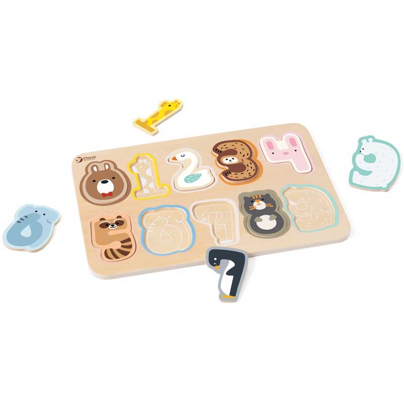 Classic World wooden puzzle with numbers and animals for early learning, 11 pieces