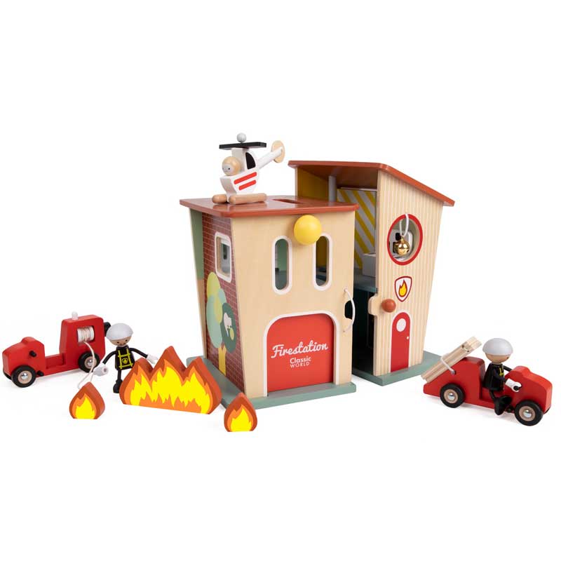 Classic World 13-piece wooden fire station for children over 3 years old