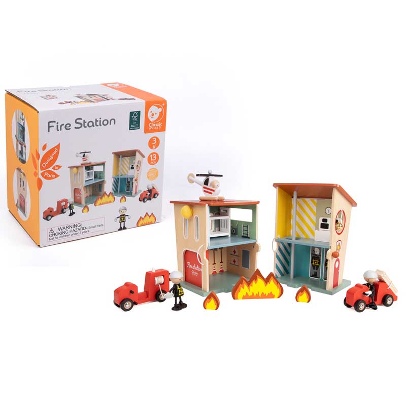 Classic World 13-piece wooden fire station for children over 3 years old