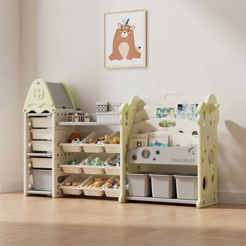 Children's bookshelf-organizer for toys and books with 17 compartments and pull-out boxes, green