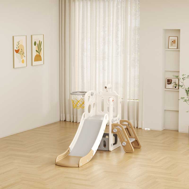 Children’s slide with telescope and basketball hoop - brown