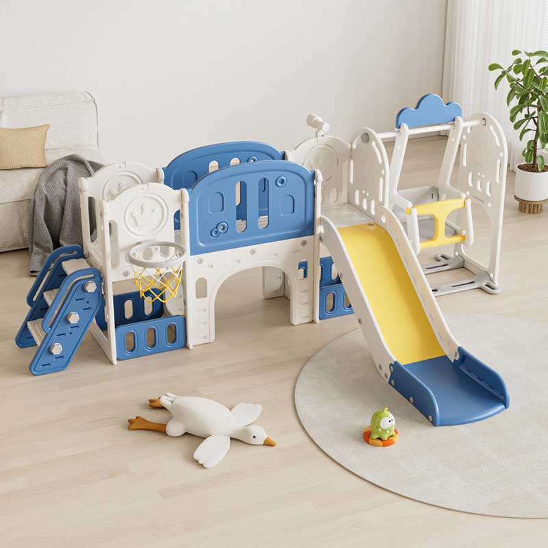 Children's adventure play center 11 in 1 with slide, climbing frame, swing and basketball hoop - blue