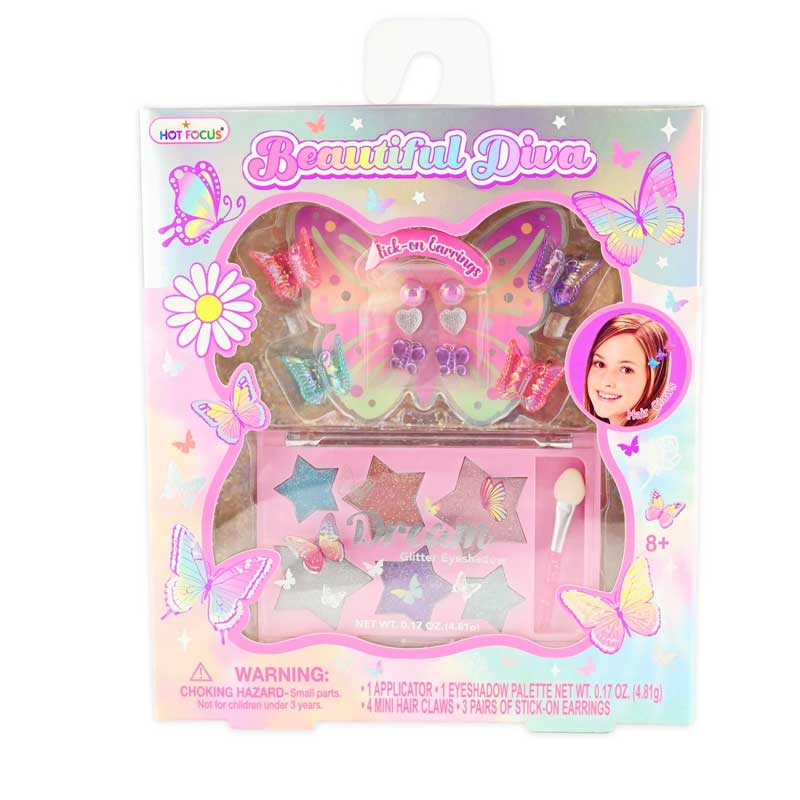 A set of glittery eyeshadows, hair clips and stick-on earrings for an easy and beautiful makeover