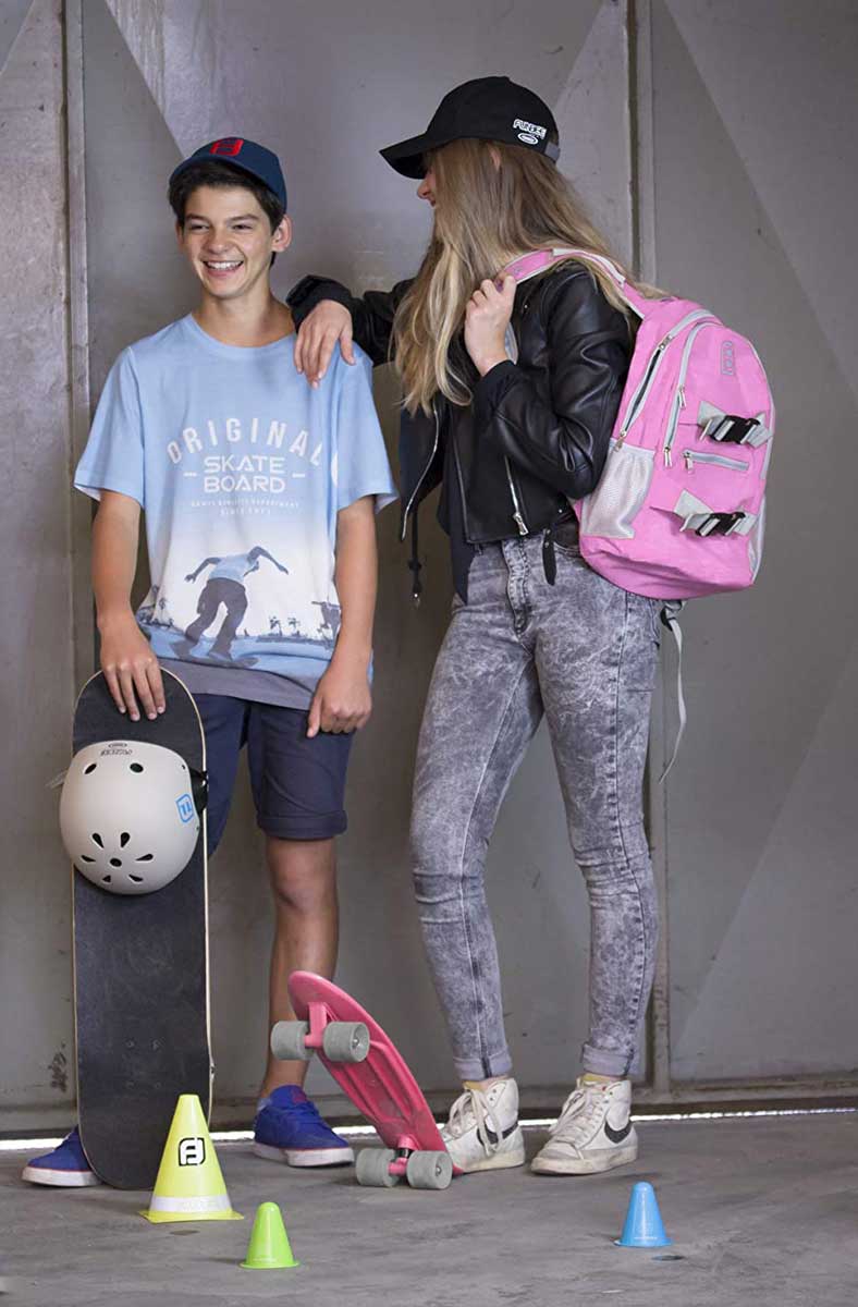 Backpack + helmet + skateboard set, Funbee is pink/grey