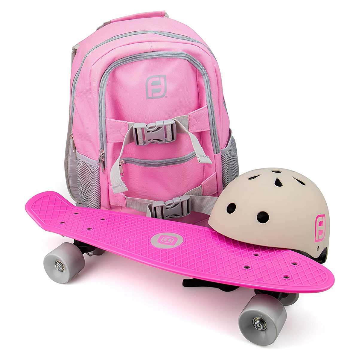 Backpack + helmet + skateboard set, Funbee is pink/grey