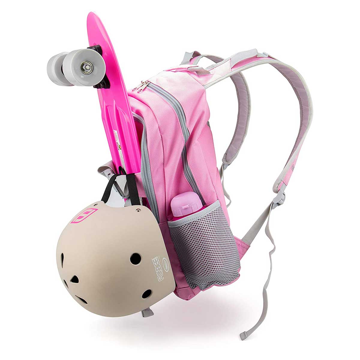 Backpack + helmet + skateboard set, Funbee is pink/grey