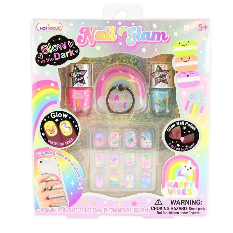 Set with two luminous polishes, colorful adhesive nails and a multi-function phone holder
