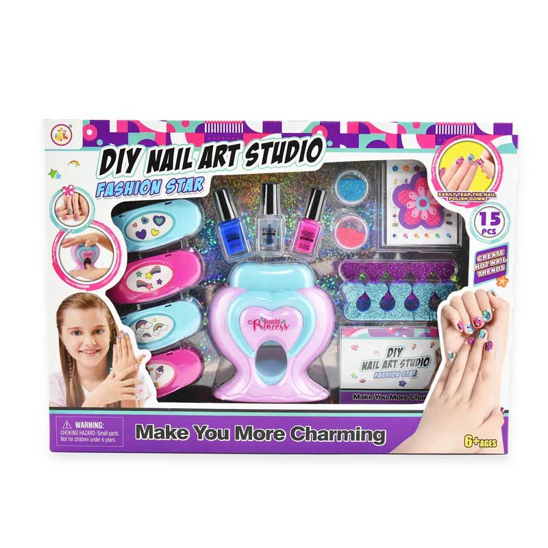 Set with polishes, glitters, applicators and tools for nail decoration
