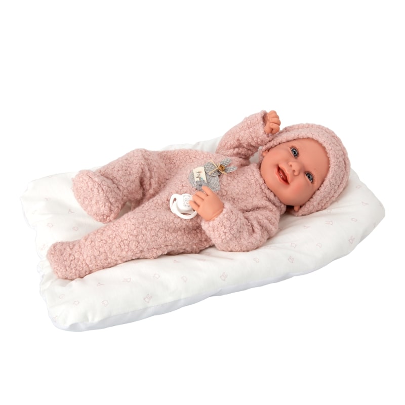 Baby doll Zoe in pink teddy suit and accessories - 42 cm