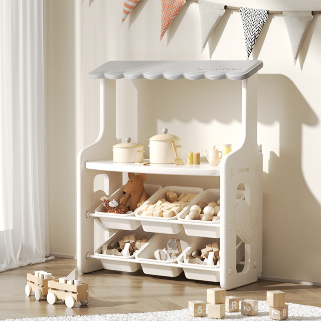Multifunctional children's stand for role-playing games with tabletop and removable storage boxes, gray