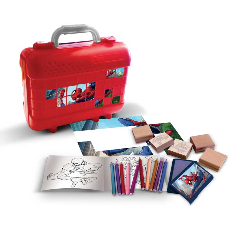 Spiderman art case with 10 colored pencils, 5 stamps and puzzle stickers for decoration