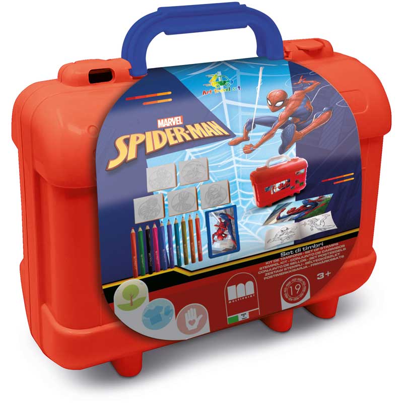 Spiderman art case with 10 colored pencils, 5 stamps and puzzle stickers for decoration