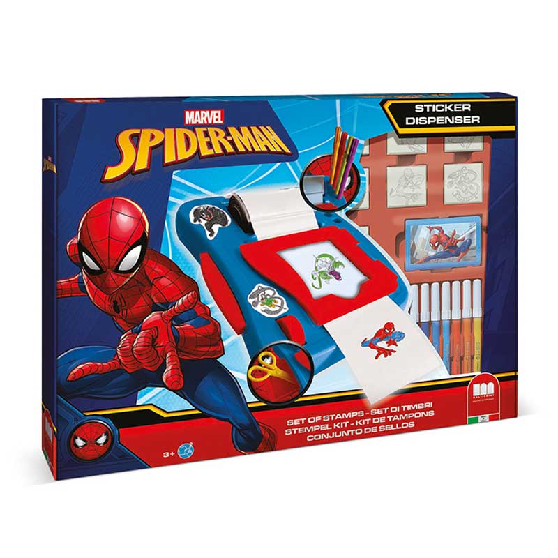 Spiderman sticker creation kit with 12 felt-tip pens, 50 stickers, 7 stamps and a coloring book
