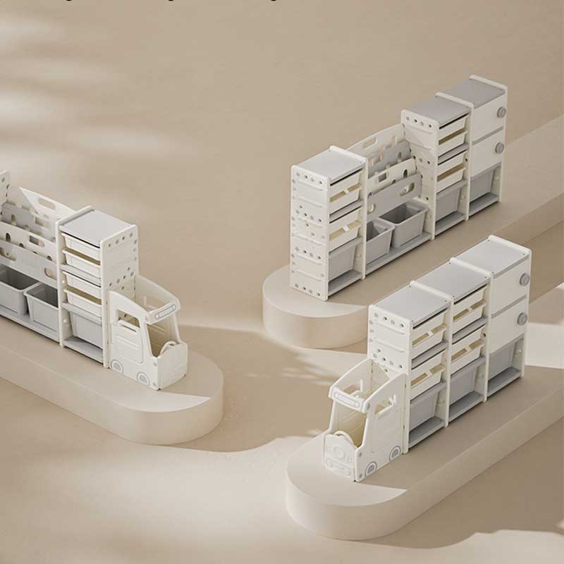 Bus-shaped toy organizer with 11 boxes and 2 storage cabinets