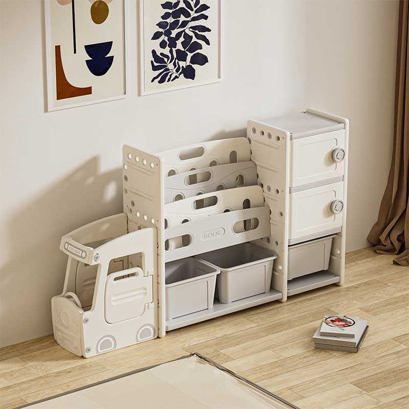 Bus-shaped toy organizer with 11 boxes and 2 storage cabinets