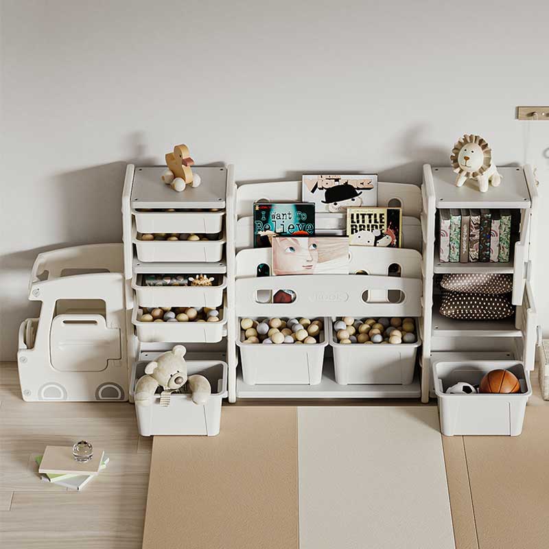 Bus-shaped toy organizer with 11 boxes and 2 storage cabinets