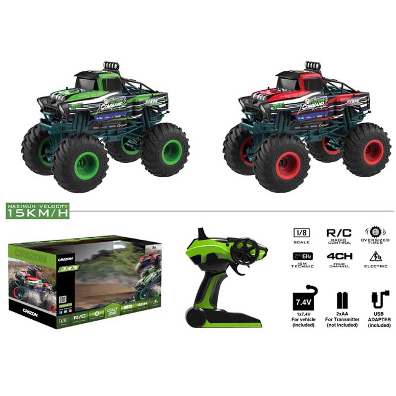 Radio-controlled off-road car 1:10, with remote control and big tires, red
