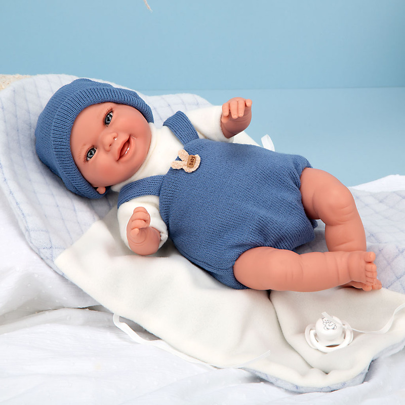 Smiling baby doll with blue suit and blanket, real weight - 35 cm