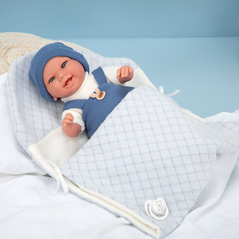 Smiling baby doll with blue suit and blanket, real weight - 35 cm
