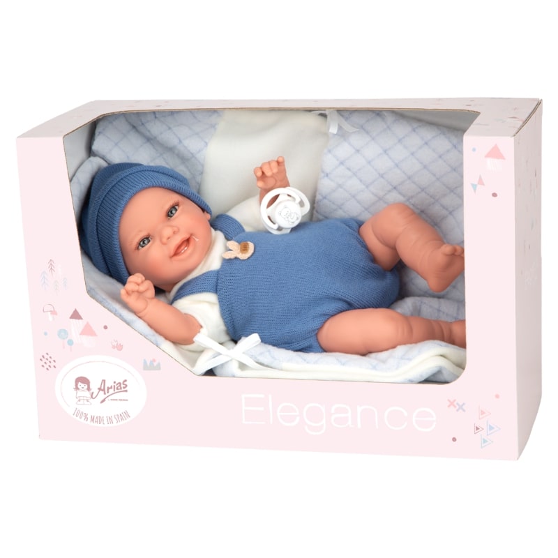 Smiling baby doll with blue suit and blanket, real weight - 35 cm