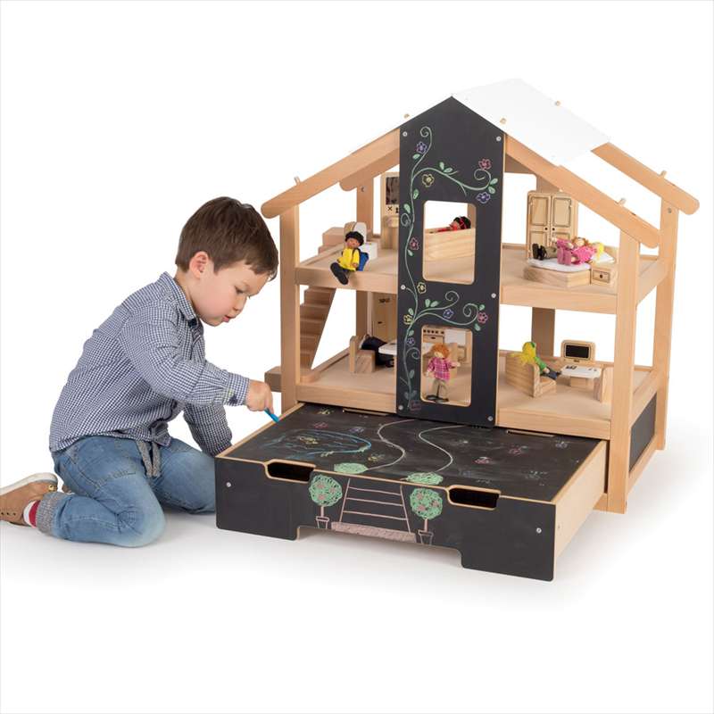 Отворена дървена куклена къща - Обзаведена