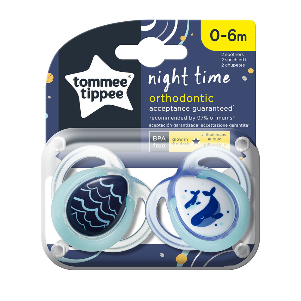 Tommee Tippee Ортодонтични залъгалки NIGHT TIME 0-6м, 2 бр./оп., Китове