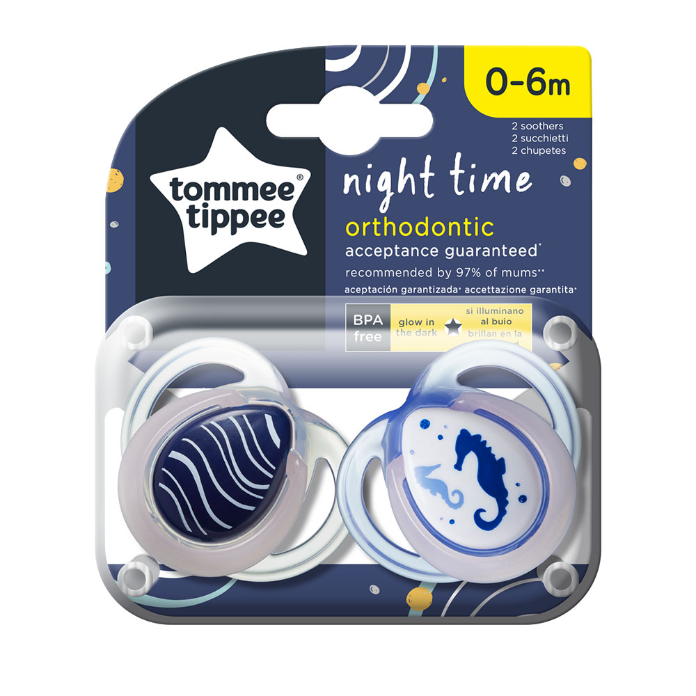 Tommee Tippee Ортодонтични залъгалки NIGHT TIME 0-6м, 2 бр./оп., Морско конче