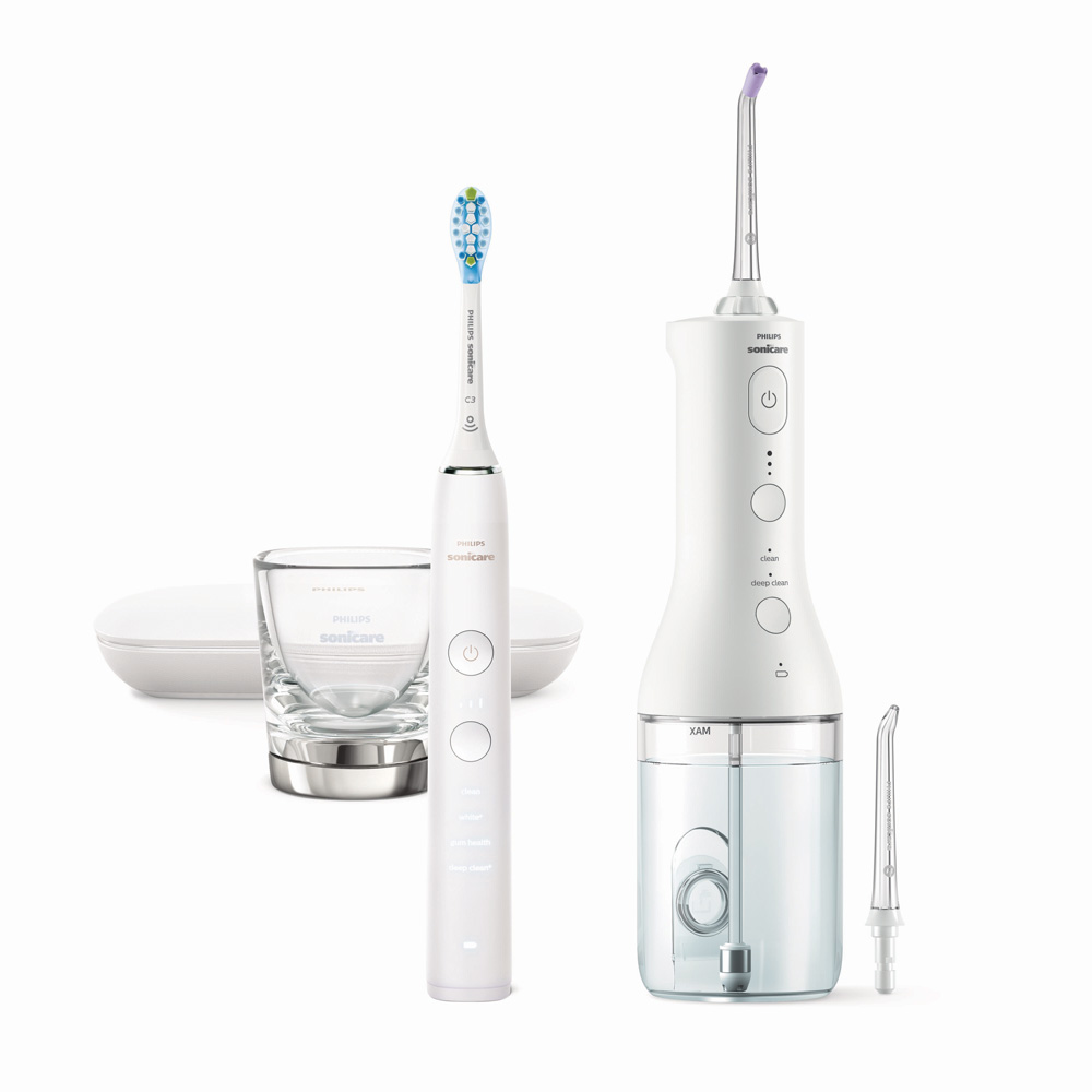 Комплект Орален душ Power Flosser 3000 и Звукочестотна четка за зъби DiamondClean 9000, HX3866/41, бели