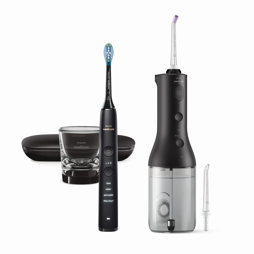 Комплект Орален душ Power Flosser 3000 и Звукочестотна четка за зъби DiamondClean 9000, HX3866/43, черни