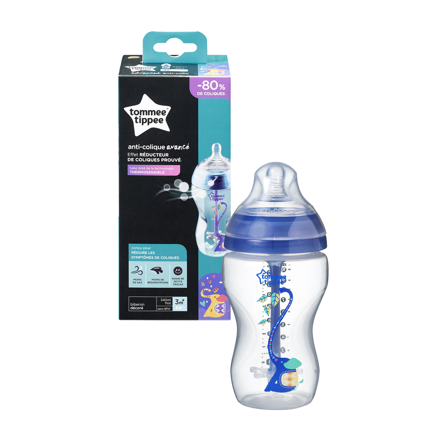 Tommee Tippee feeding bottle Advanced Anti-Colic 3m+, 340 ml, blue decorated